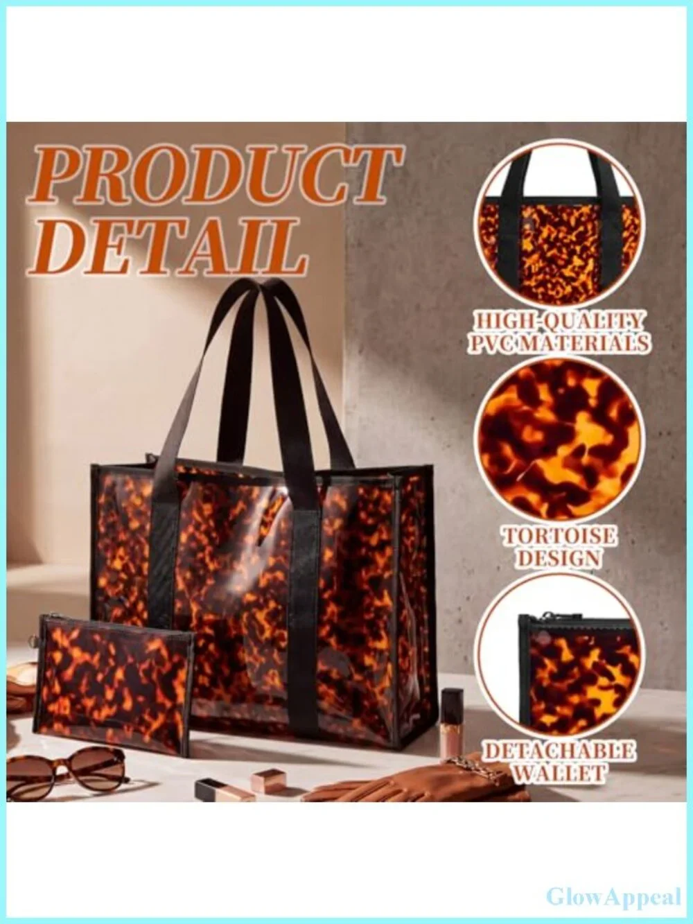 Tortoise PVC Tote Bag with Detachable Zippered Pouch, Waterproof Large Hobo